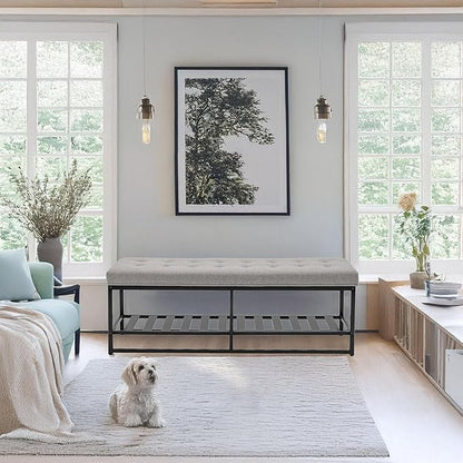 Rectangular Upholstered Tufted Linen Ottoman Storage Bench, Large Footrest Ottoman with Iron Base, White End of Bed Bench for Entryway, Living Room, Bedroom