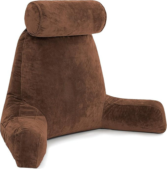 Husband Pillow XXL - Reading Pillow Bed Chair with Arms & Back Support - Chocolate - Back Pillow for Bed Sitting Up - BedRest Arm Pillow - Comfy Reading Pillow for Adults