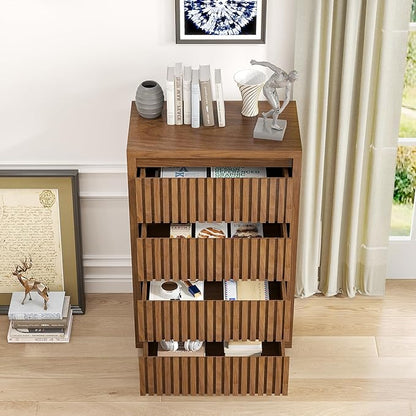Fluted 4 Drawer Dresser, Mid Century Small Dresser for Bedroom, Wood Chest of Drawers, Modern Closet Clothes Organizer, Walnut Wooden Storage for Living Room, Brown