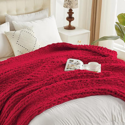 Carriediosa Chunky Knit Throw Blanket 60" X 80" Twin, 100% Hand Made Large Chenille Loop Yarn Soft Fluffy Throws for Couch Sofa Bed, Big Crochet Cozy Heavy Thick Cable Woven Blankets, Red