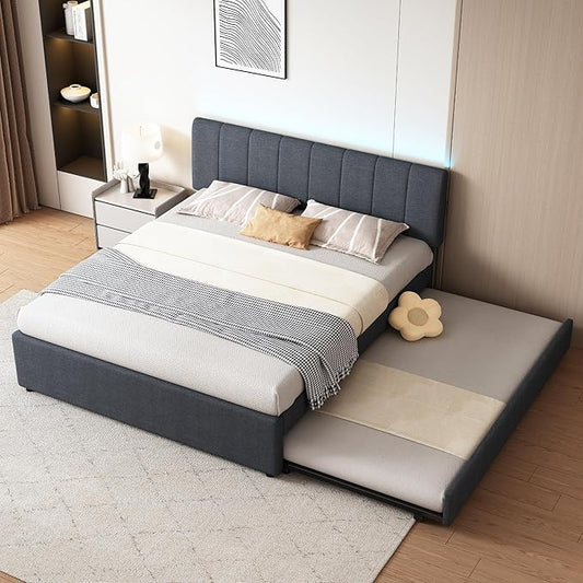 Queen Size Upholstered Platform Bed with Trundle and 1 Sets of USB, Linen Fabric Full and Twin Double Bed w/LED Lights with APP for Bedroom,Dark Gray