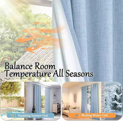 Baby Blue Linen Blackout Curtains for Nursery 84 Inch Length 2 Panels Set, Thermal Insulated Boho Total Black Out Noise Reducing Bonzer Grommets Window Curtains for Kids Bedroom, Each 60 Inch Wide