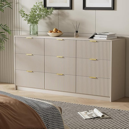 Beige Dresser for Bedroom, Modern Dresser with 9 Drawers and Smooth Slides, Wide Chest of Drawers with Golden Handles for Bedroom, Living Room, Closet, 15.7" D x 63" W x 31.5" H