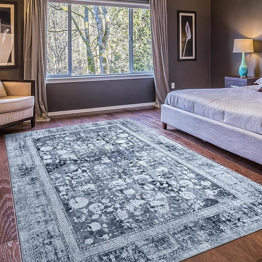 Area Rug 5×7, Vintage Boho Rug,Ultra-Soft Low Pile, Washable, Non Slip,Stain Resistant Printed Carpet for Living Room Bedrooms Playroom Office Kitchen, Stone/Blue