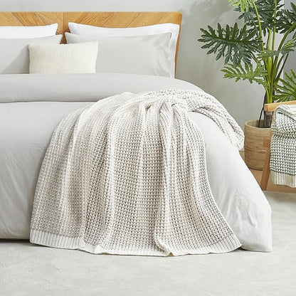 Amélie Home Waffle Chenille Throw Blanket for Couch, Pineapple Stitch Knit Soft Cozy Knit Blanket Decorative Throw for Sofa, Chair, 60"x80", Beige&Ivory