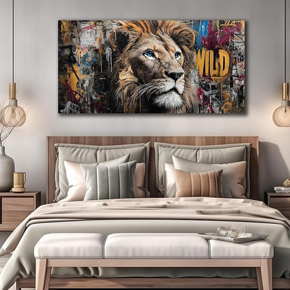 JuhaiArt Brown Wall Art Lion Artwork Graffiti Wall Decor Animal Canvas Art for Living Room Bedroom Home Office Prints Colorful Large Picture 29" x 59"