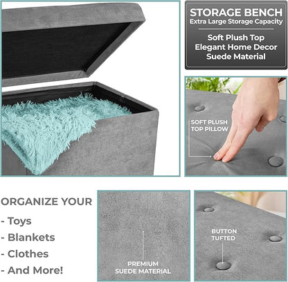 Sorbus Storage Ottoman Bench – Collapsible/Folding Bench Chest with Cover – Perfect Shoe Chest, Hope Chest, Pouffe Ottoman, Seat, Foot Rest, – Contemporary Faux Suede (Gray)
