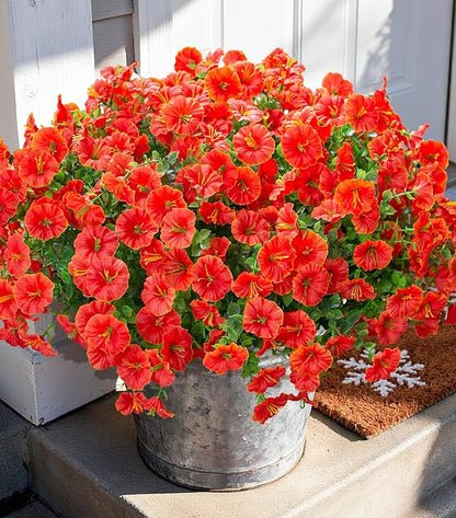 Artificial Flowers Fake Plants for Outdoors Decoration, 12 Bundles Orange Silk Morning Glory with Eucalyptus Realistic UV Resistant Faux Flowers Greenery for Outside Planter Yard Garden Home Indoor