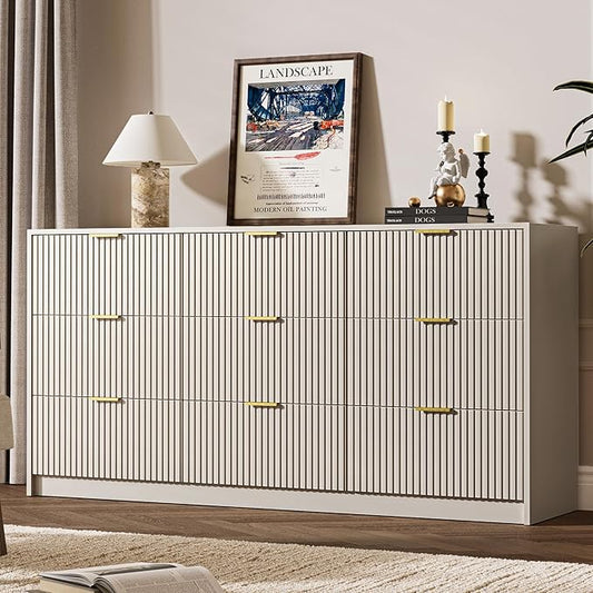 Beige 9 Drawer Dresser for Bedroom, 63" Wide Modern Fluted Dresser with Gold Metal Handles, Chest of Drawers for Bedroom, Living Room, Entryway, Hallway