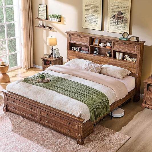 Farmhouse King Size Bed Frame with 54" Tall Storage Bookcase Headboard, Wood Platform Bed Frame with 18" Tall Roman Column Decoration Footboard & 2 Drawers, No Box Spring Needed(Reclaimed Barnwood)