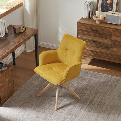Art Leon Mid Century Modern Swivel Accent Chair - Home Office Desk Chair No Wheels, Fabric Upholstered Armchair with Oak Wood Legs for Small Space Living Room Bedroom, Yellow