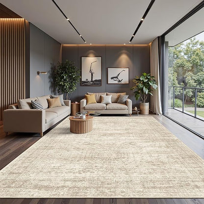 Area Rug 10x12 Vintage Washable Living Room Large Carpet Non Slip Bedroom Indoor Office Dining Room Low Pile Thin Rug Beige