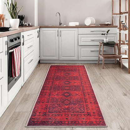 Bloom Rugs Washable Non-Slip 12 ft Runner - Red Traditional Bordered Runner for Entryway, Hallway, Bathroom, and Kitchen - Exact Size: 2.5' x 12'