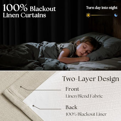 Beige Oatmeal Linen Pinch Pleated 100% Blackout Curtains 90 Inch Length 2 Panels Set Pinch Pleat Curtains Black Out Blocking Room Darkening Drapes with Liner for Bedroom Living Room Window 40x90
