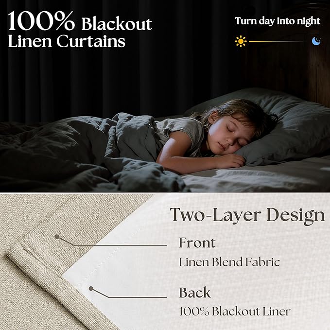 Pinch Pleated Blackout 96 Inch Bedroom Curtains 70 Inch Wide Linen Dual Layer Soundproof Farmhouse Window Curtains for Living Room Hooks Rings Back Tab 100% Black Out Drapes Beige Oatmeal 1 Panel