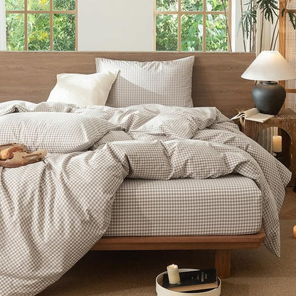 MooMee Gingham Duvet Cover Set 100% Washed Cotton Linen Like Textured Breathable Durable Soft Comfy Modern Checkered Design (Mini Gingham Tannish Linen Grey, King 104"x90")
