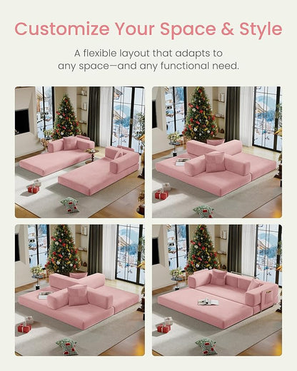 78.8" Convertible Futon Sofa Bed,Corduroy Futon Couch with Storage Pocket,Folding Pull Out Sofa,No Assembly Boneless Couch for Living Room | Pink