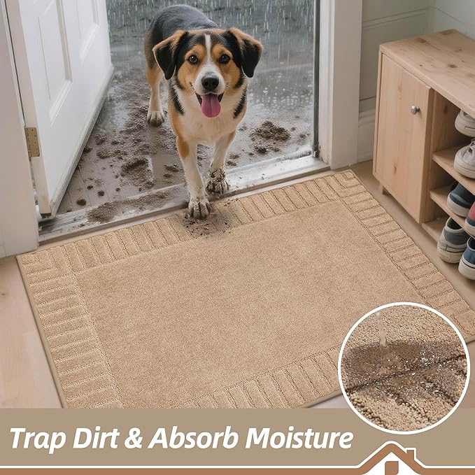 BEQHAUSE Door-Mat-Non-Slip Front Door Mat Washable Low-Profile Entrance Rugs for Front Door Entry Dirt Trapper Door Mats Absorbent Welcome Mats,20"x32",Taupe