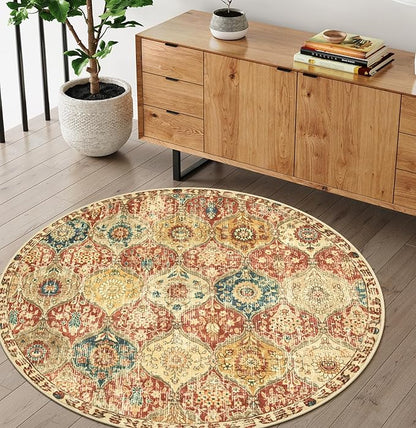 Lahome Moroccan Trellis Round Area Rugs, Washable Small Round Rug 3ft Non-Slip, Soft Vintage Ultra-Thin Circle Carpet for Bedroom Entryway Kitchen Laundry Bathroom, Red/Orange