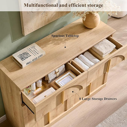 ACCOHOHO Large Dresser for Bedroom with 8 Drawers with Arched Panel,Modern Minimalist Chest of Drawers with Gold Handles,Wood Storage Closet Dressers Tv Stand for Living Room, Hallway,Natural Oak