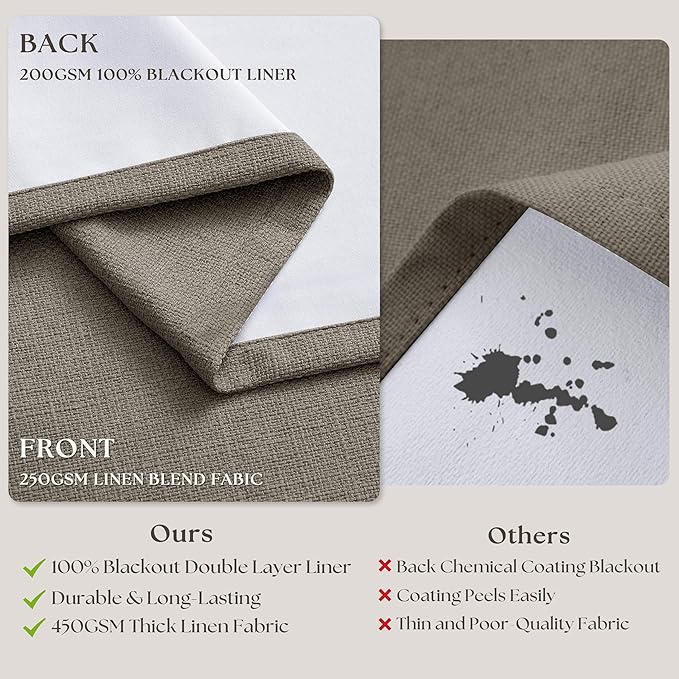 Flax Taupe Pinch Pleated Blackout Curtains 102 Inches Long for Bedroom 100% Black Out Thick Linen Dual Layer Pleated Drapes Farmhouse Country Brownish Gray 102 Inch Curtain for Dining Living Room
