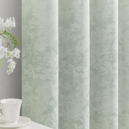 Beauoop Green Floral Jacquard Blackout Curtains 63 Inches Long 2 Panels for Bedroom Living Room Sage Flower Chenille Room Darkening Thermal Insulated Soundproof Grommet Window Treatments Drapes, 52x63