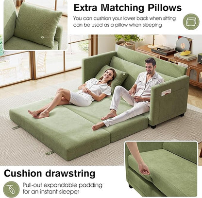 65" Loveseat Sleeper Sofa Bed, Chenille Convertible Floor Sofa Bed for Small Spaces, Folding Couch Bed with Deep Seat, 2 Pillows & Solid Frame, Pull Out Floor Couch for Living Room, Green
