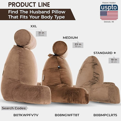 Husband Pillow XXL Aspen Edition, Adult Reading Sit Up Bed Rest Pillow for Bed with Arms & Neck Roll on Bungee Cord - Premium Memory Foam - Reversible 2 Sided Cover Micro Suede or Plush, Saddle Brown