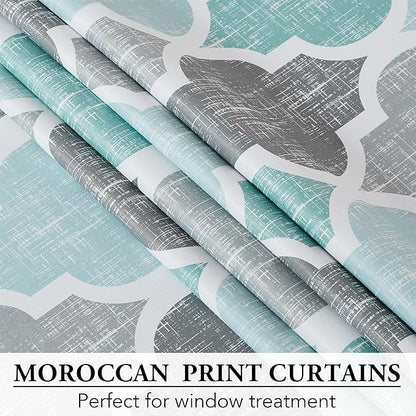 Beauoop 100% Blackout Curtains 96 Inches Long for Patio Sliding Door Aqua Grey Extra Wide Moroccan Geo Room Darkening Thermal Soundproof Room Divider Grommet Window Treatment Drapes,100x96 Set of 1