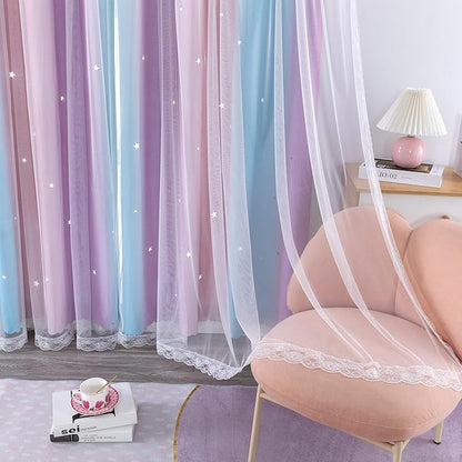 XiDi Dream Star Blackout Curtains for Kids Rooms Girl Princess Curtain for Daughter Bedroom Window (Pink Purple, W34 X L84)