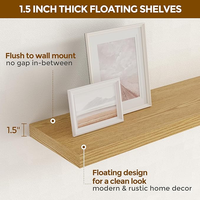 Fun Memories Floating Shelves for Wall, 48 x 9.3 Large Floating Shelf Wall Mounted Set of 2, Rustic Wood Shelves for Bathroom, Kitchen, Living, Heavy-Duty Storage Deep Shelf for Books, Decor, Oak