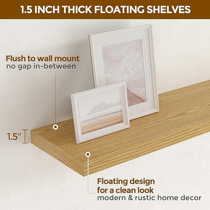 Fun Memories 55 Inch Floating Shelves for Wall, 55x9.3 Large Floating Shelf for Bedroom, Kitchen, Bathroom, Wall Mounted Rustic Wood Shelves with Invisible Bracket for Books, Decor, Oak