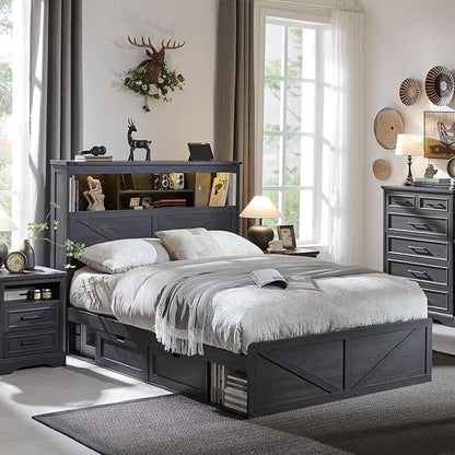 ACCOHOHO Farmhouse Full Size Bed Frame with 52" Tall Storage Headboard and LED Light,Wood Platform Bed Frame with 4 Drawers and Charging Station,Solid Wood Slats Support,No Box Spring Needed,Black