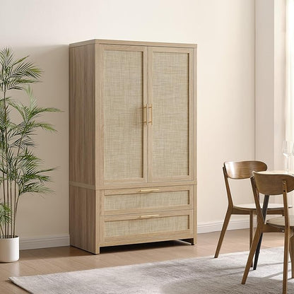 SICOTAS Rattan Armoire Wardrobe Closet Cabinet, 71" Wardrobe Storage Cabinet with 2 Drawers, and Hanging Rod, Boho Large-Capacity Deep Armoire Clothes Organizer for Bedroom, Cloak Room, Light Oak