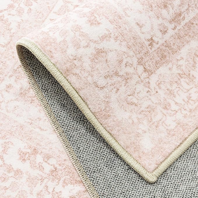 Pink Area Rug 6x9 Machine Washable Vintage Living Room Distressed Non Slip Carpet Traditional Indoor Bedroom Retro Floral Accent Throw Large Rug for Office Kitchen Dining Room