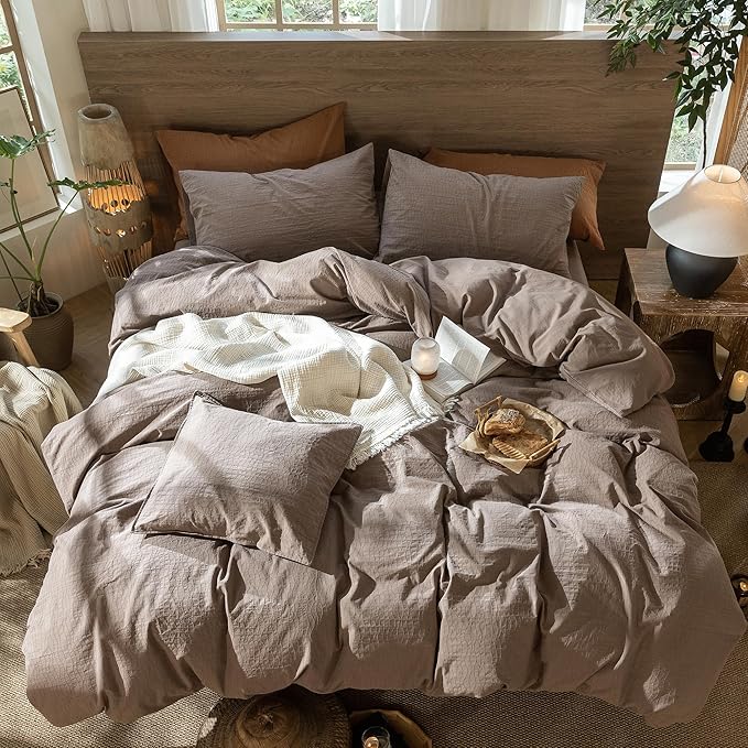 MooMee Wavy Striped Duvet Cover Set 100% Washed Cotton Linen Like Textured Breathable Durable Soft Comfy (Brown, Full 80"x90")