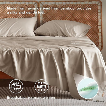 Bedsure Queen Sheet Set, Rayon Derived from Bamboo, Cooling Sheets, Breathable & Soft, Deep Pocket Up to 16 Inches, Hotel Luxury Silky Bedding for Hot Sleepers, Simply Taupe