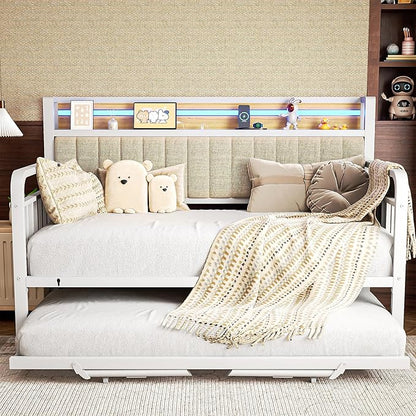 Daybed with Trundle and LED Light, Heavy Duty Metal Twin Bed Frame with Upholstered Storage Headboard & Charging Station, Day Bed Pop Up Trundle Bed Twin for Living Room,Bedroom and Guest Room, White