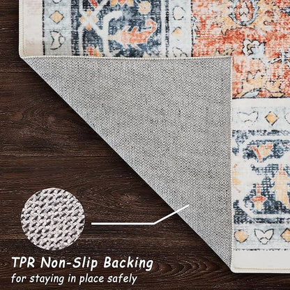 vivorug 8x10 Area Rugs for Living Room, Non-Slip Backing Washable Rug 8x10, Large Area Rug Soft Carpet for Bedroom Dining Room, Vintage, Easy Clean, Durable, Low Pile Rug Orange/Navy