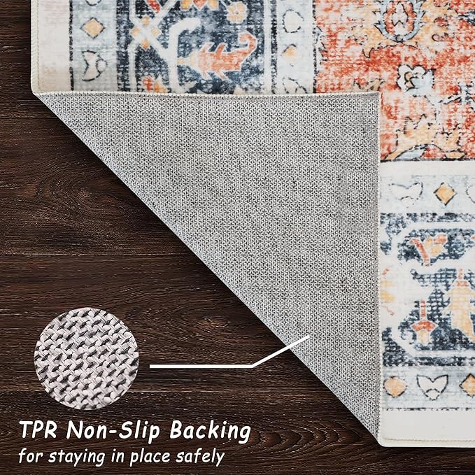 vivorug 5x7 Area Rugs - Boho Ultra-Thin Washable Rug with Non-Slip Backing, Ideal for Living Room, Bedroom, Kitchen Floor Carpet - Vintage Floral, Easy Clean, Durable, Low Pile Orange/Navy