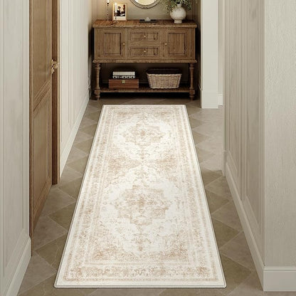 Runner Rug 2x5 Cream Hallway Washable Beige Carpet Non Slip Vintage Medallion Beige Carpet Low Pile Soft Distressed Retro Indoor Long Rug for Entryway Kitchen Bathroom Laundry Bedroom