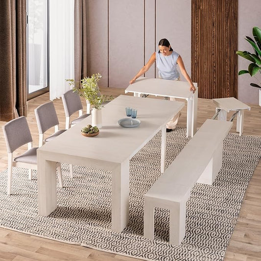 Transformer Table - Solid Wood Extendable Dining Table, Seats 2-12, Extendable Dining Room Table, Space-Saving Furniture, Expandable Dining Furniture (White, Table + Bench + 4 Chairs)