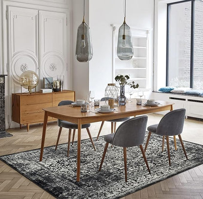 vivorug 9x12 Area Rugs, Stain Resistant Washable Rug for Living Room, Vintage-Inspired Black and White Rug
