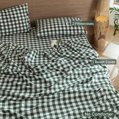 MooMee Gingham Duvet Cover Set 100% Washed Cotton Linen Like Textured Breathable Durable Soft Comfy Modern Checkered Design (Buffalo Plaid Forest Green, Cal King 104"x98")
