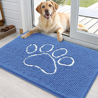OLANLY Dog Door Mat for Muddy Paws 36x24, Paw Print Design, Absorbs Moisture and Dirt, Absorbent Non-Slip Washable Doormat, Quick Dry Chenille Mud Mat, Entry Indoor Entryway Carpet, Cornflower Blue