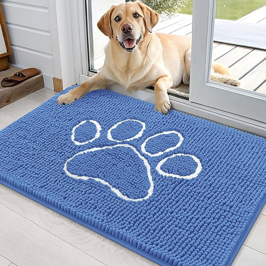 OLANLY Dog Door Mat for Muddy Paws 36x24, Paw Print Design, Absorbs Moisture and Dirt, Absorbent Non-Slip Washable Doormat, Quick Dry Chenille Mud Mat, Entry Indoor Entryway Carpet, Cornflower Blue