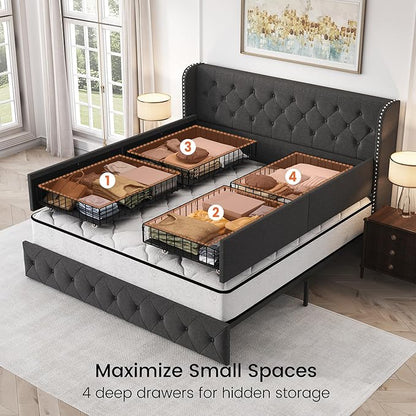 LARMACE King Size Platform Bed Frame with 4 Storage Drawers and Tufted Headboard Linen Upholstered Bed Wingback Bed Frame with Wooden Slats Support, Easy Assembly, Dark Grey