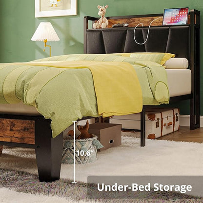 LIKIMIO Twin XL Bed Frames, Storage Headboard with Charging Station, Solid and Stable, Noise Free, No Box Spring Needed, Easy Assembly (Vintage and Black)