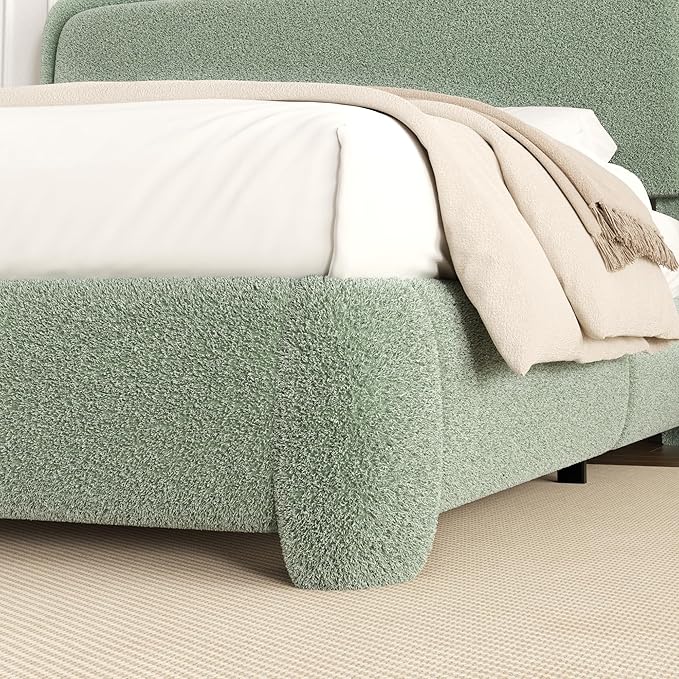 King Size Platform Bed Frame with Headboard, Boucle Upholstered Desige, Anti-Collision Corners, Soft Rounded Corners, No Box Spring Required, Easy Assembly, Noise Free