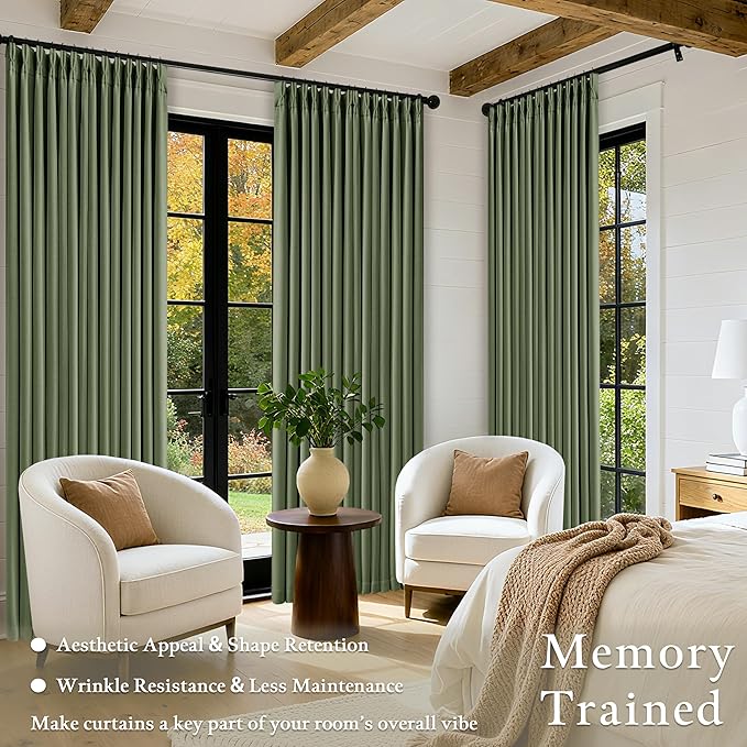 80 Inch Olive Green Linen Blackout Curtains for Living Room 100% Black Out Pinch Pleat Hooks for Living Room Back Tab Thick Linen Textured Pleated Drapes Light Blocking Loden Bedroom Window Curtains